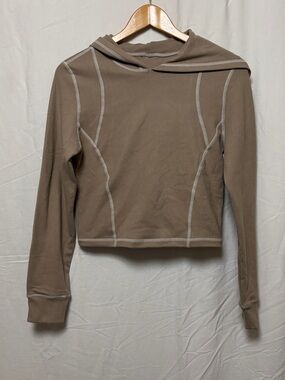 3 for $25 Buttery Soft Taupe Athletic Hooded Crop Top Contrast Stitch